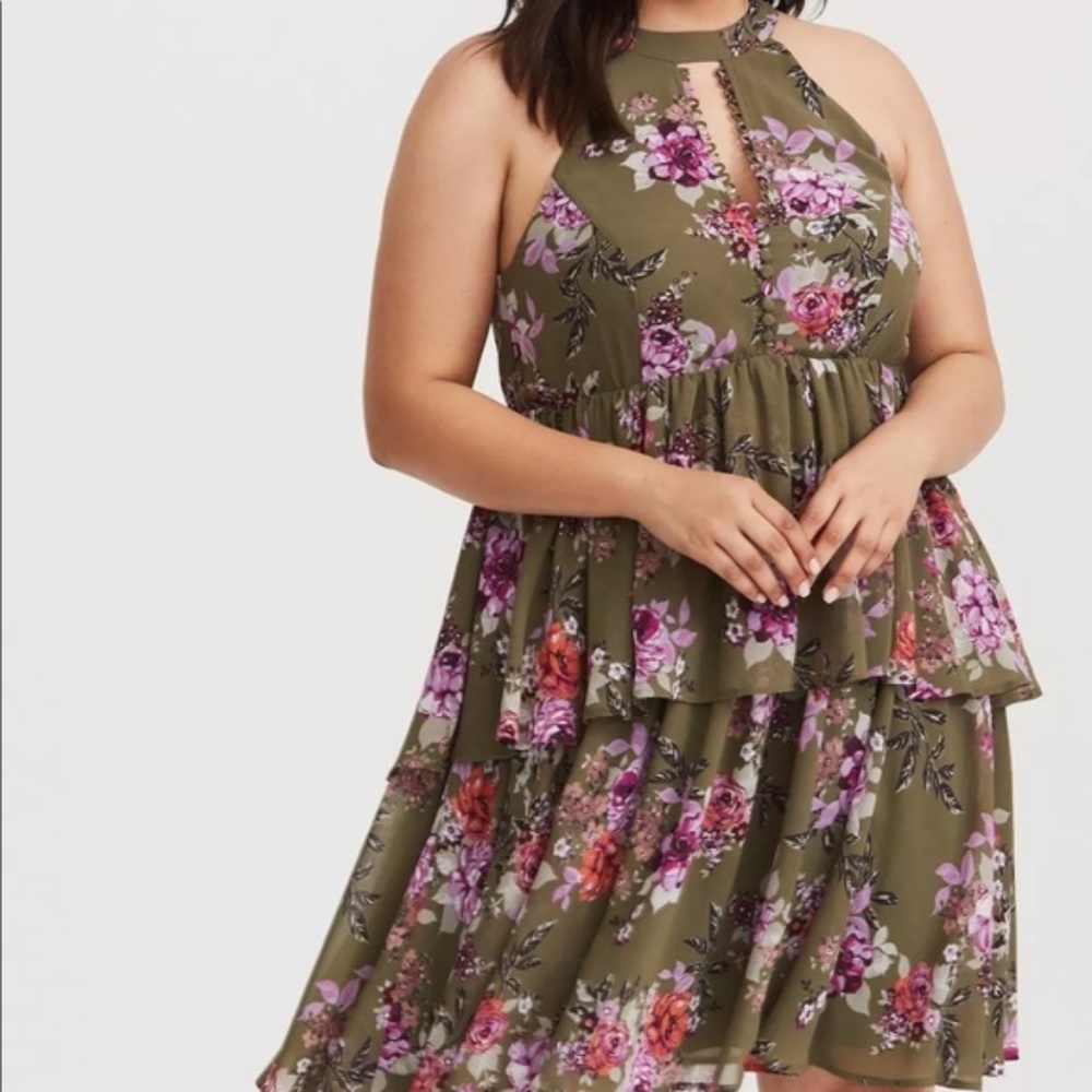 Torrid Olive green floral chiffon dress + Size 3